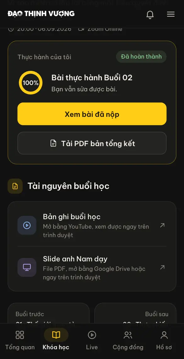 Màn một buổi học: thẻ bài thực hành đã hoàn thành, bản ghi buổi học và slide